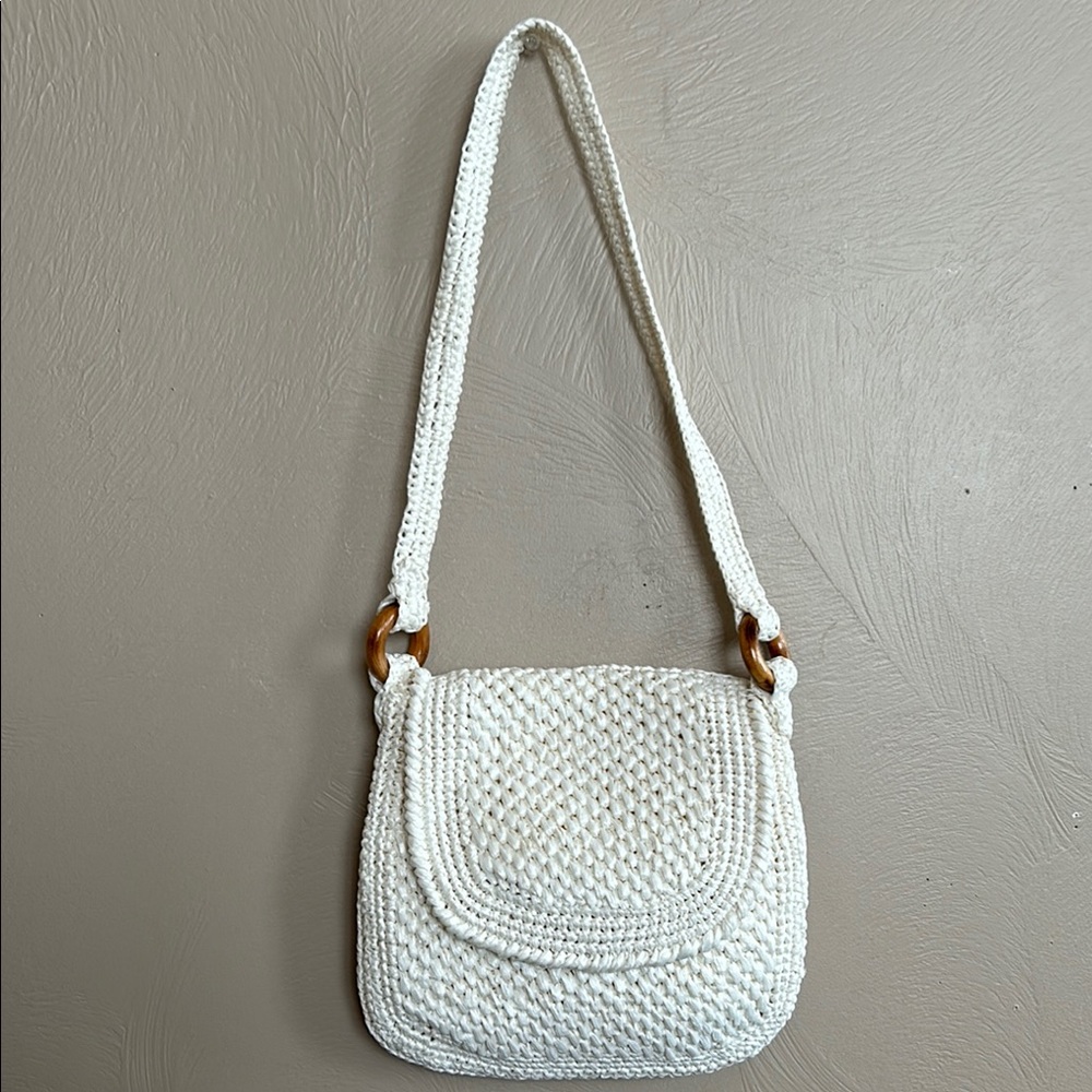 Handmade In Japan White Macrame Shoulder Bag with Wooden Ring Details. Imported.